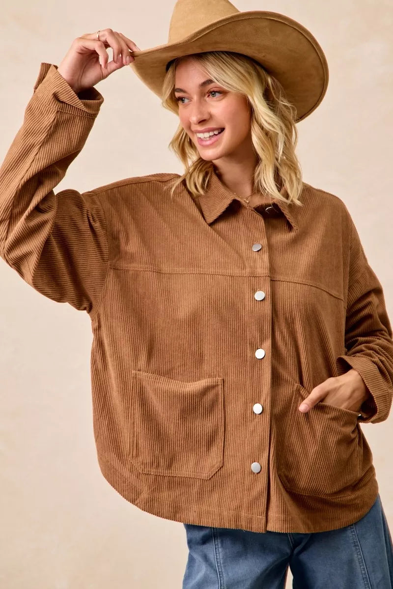 BiBi Camel Corduroy Relaxed Fit Shacket with Back Pleat