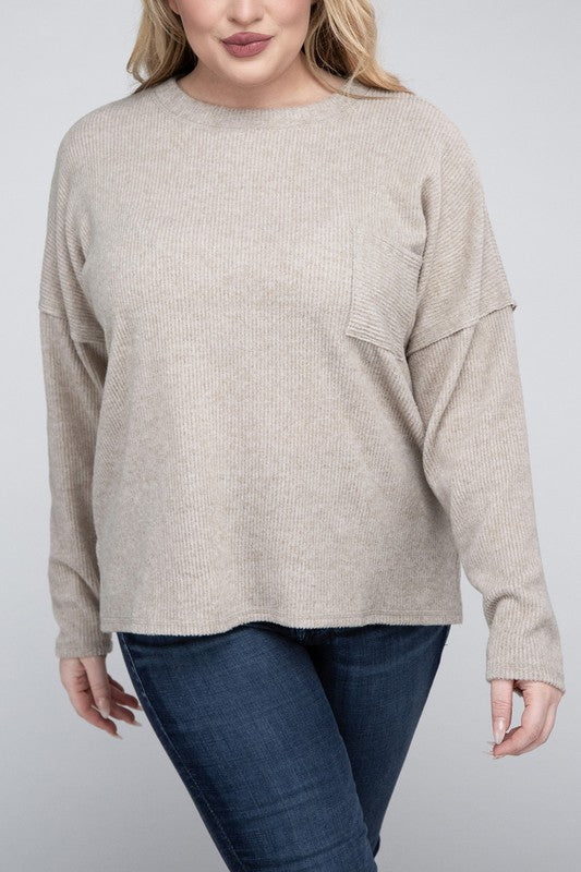 Zenana Plus Size Ribbed Brushed Melange Hacci Sweater H MOCHA ZENANA