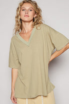 POL Dried Moss V-Neck Half Sleeve T-Shirt Dried Moss