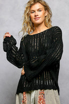 POL Black Round Neck Long Sleeve Open Weave Sweater BLACK