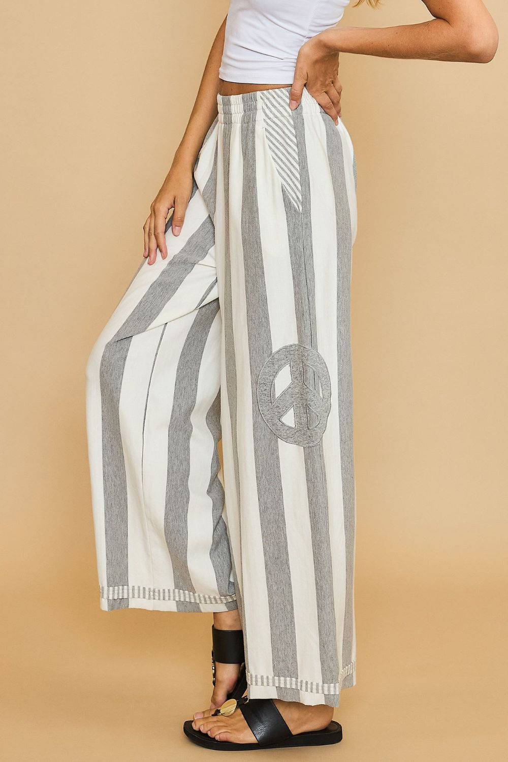 Umgee Peace Gray Sign Patch Striped Wide Leg Pants