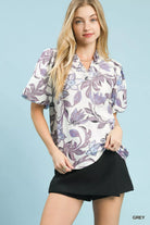 Umgee Grey Lush Blossom Print Puff Sleeve Top with Ruffle Trim Detail GREY