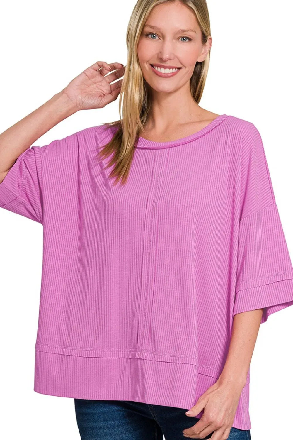 Zenana Mauve Ribbed Boat Neck 3/4 Sleeve Top MAUVE