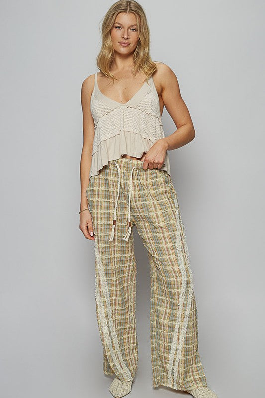 POL Lace Trim Drawstring Checkered Wide Leg Pants in Sage