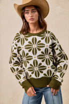 BiBi Olive & Ivory Flower Pattern Long Sleeve Sweater