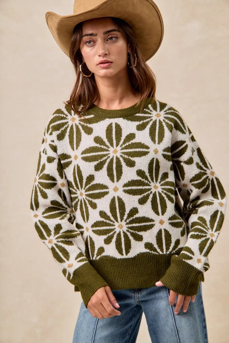 BiBi Olive & Ivory Flower Pattern Long Sleeve Sweater
