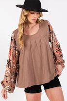 SAGE + FIG Brown Floral Long Sleeve Front Pleated Detail Blouse Trendsi