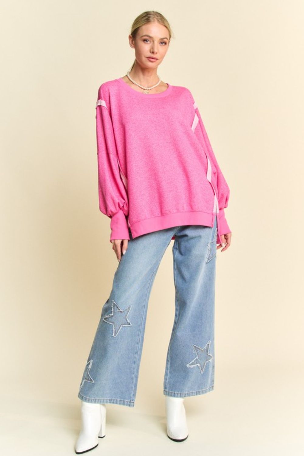 Davi & Dani Fuchsia Pink Side Slit High-Low Lantern Sleeve Knit Top Trendsi