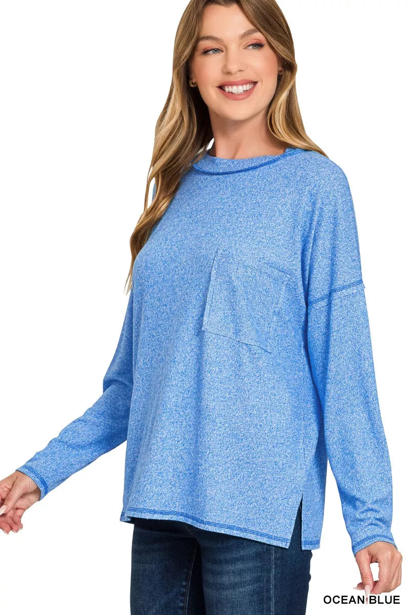 Zenana Soft Melange Hacci Round-Neck Long Sleeve T-Shirt OCEAN BLUE
