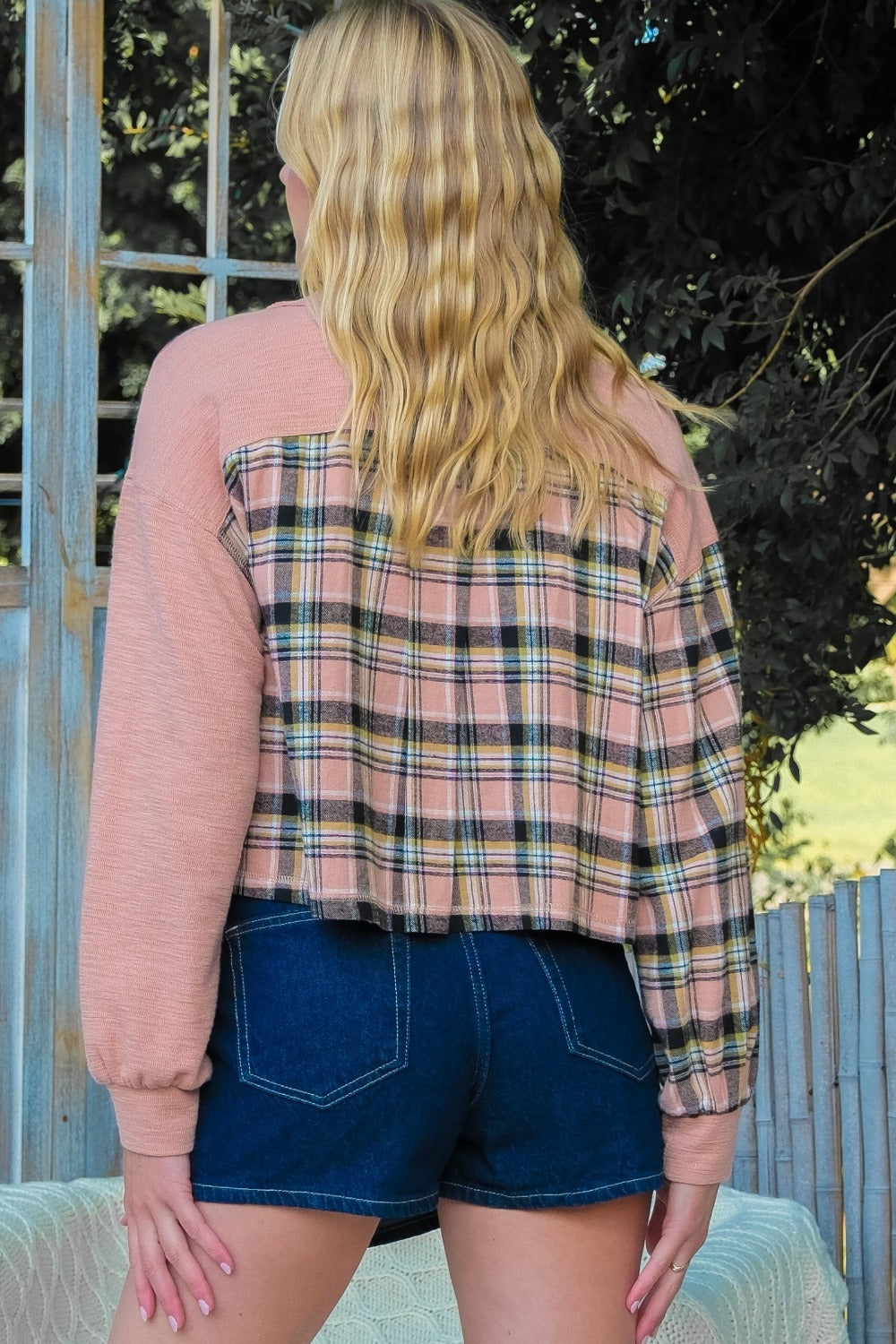 Hailey & Co Plaid Mixed Cropped Jacket Trendsi