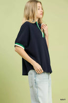 Umgee Textured Knit Top with Striped Contrast Trim