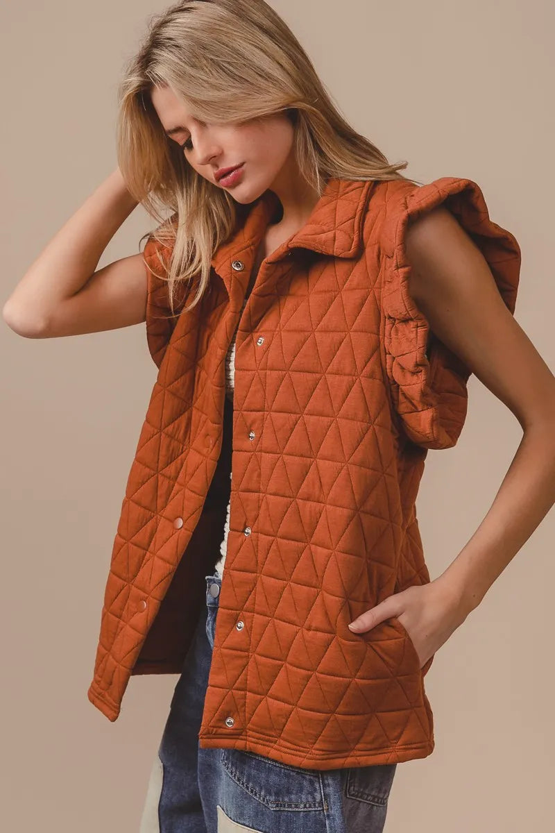 BiBi Rust Quilting Knit Ruffle Sleeve Vest