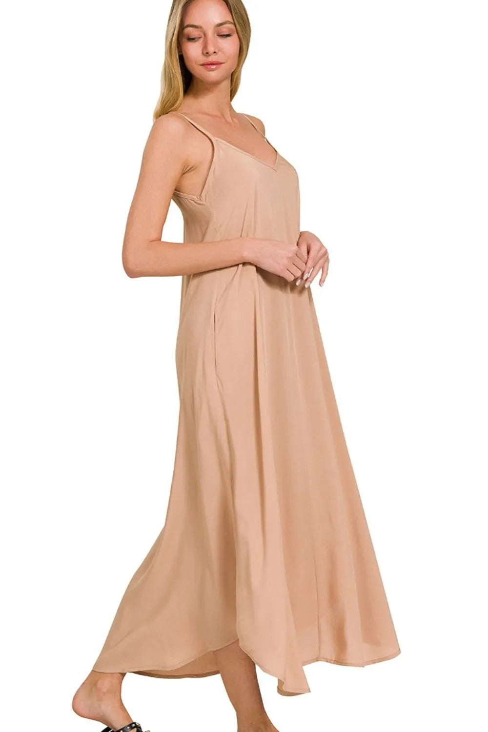 Zenana Brush Woven Arc Hem Cami Dress With Flowy Pockets BRUSH