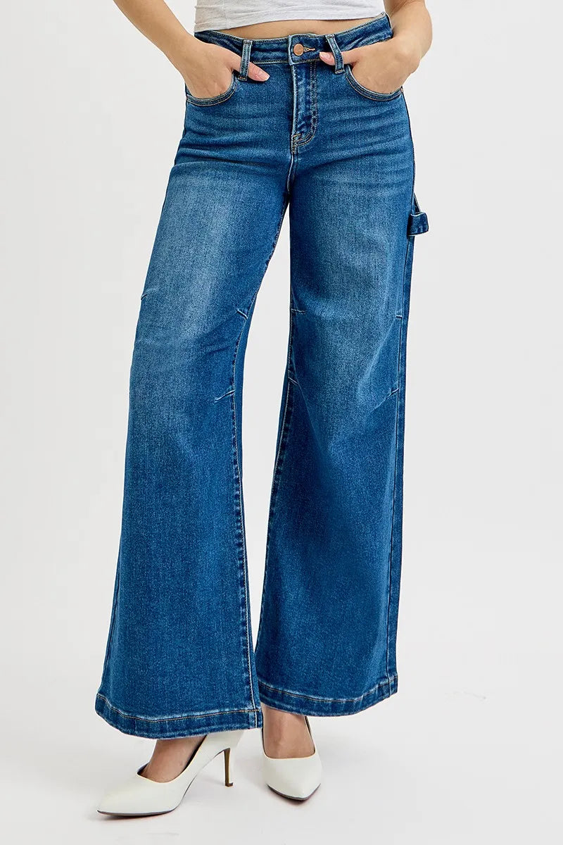 RISEN Dark Washed High Rise Wide Leg Patch Detailed Jeans