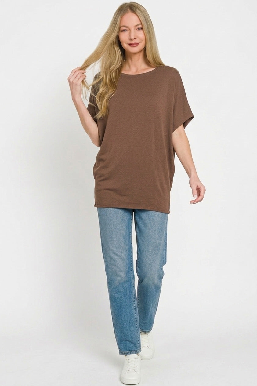 Zenana Brown Hacci Dolman Sleeve Boat Neck Top