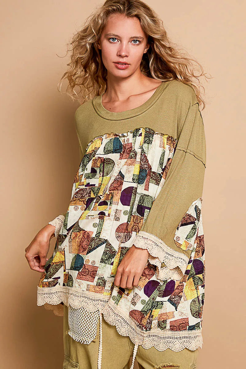 POL Moss Green Bohemian Geometric Print Long Sleeve Top with Lace Trim