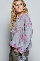 POL Heather Grey Ribbed Butterfly Print Round Neck Knit Sweater Top