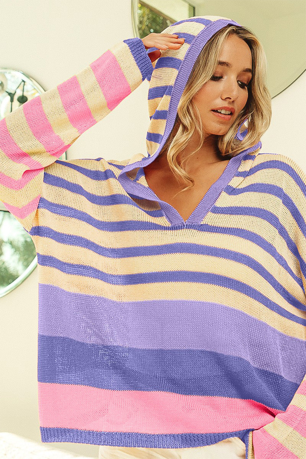 BiBi Purple Multi Striped Color Block Hooded Knit Top Stripe Trendsi