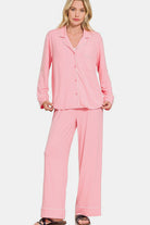 Zenana Pink Button Down Long Sleeve Top and Pants Lounge Set Pink Loungewear