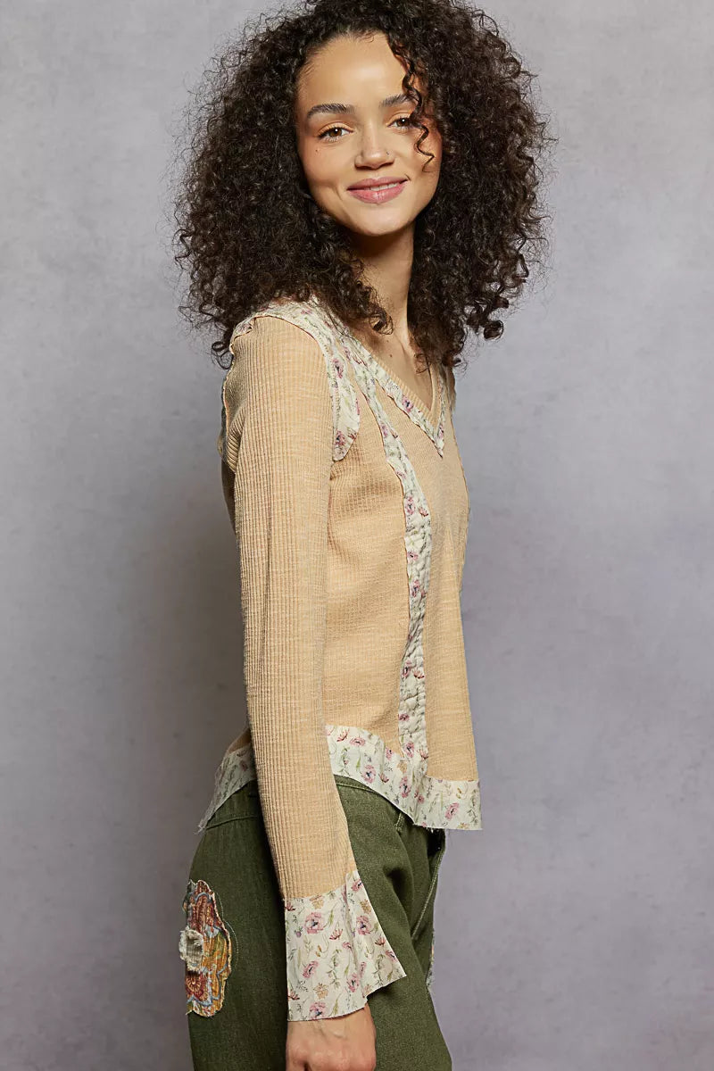 POL Nude Beige Floral Patch V-Neck Long Sleeve Ribbed Top