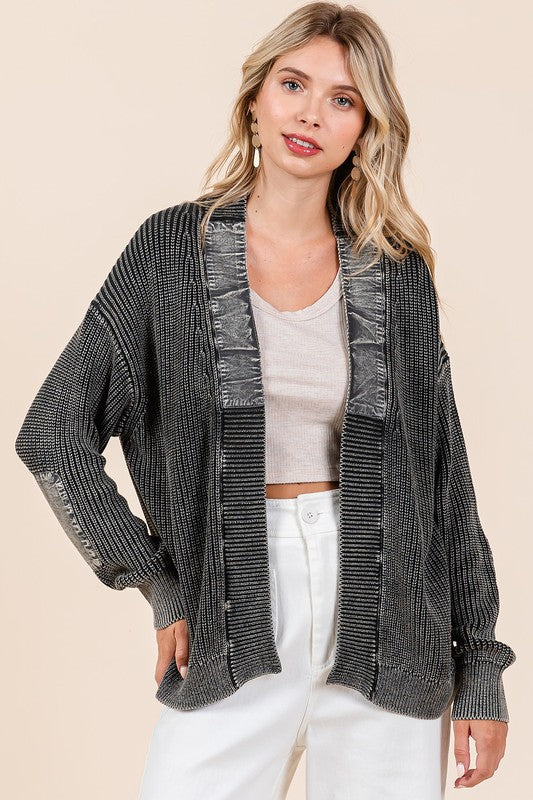 Mittoshop Black Contrast Patch Open Front Mineral Wash Ribbed Cardigan Black Shirts & Tops