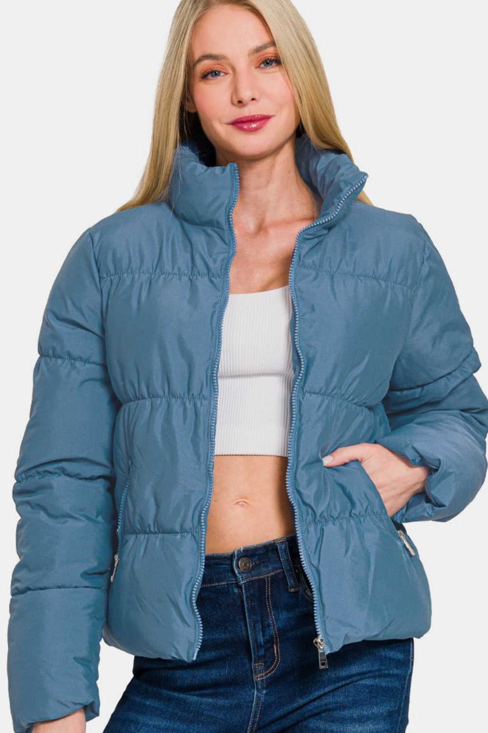 Zenana Dusty Blue Zip Up Turtleneck Puffer Jacket with Pockets Dusty Blue Trendsi