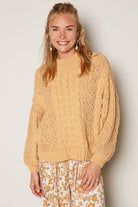 POL Honey Gold Mock Neck Chenille Cable Knit Sweater Trendsi