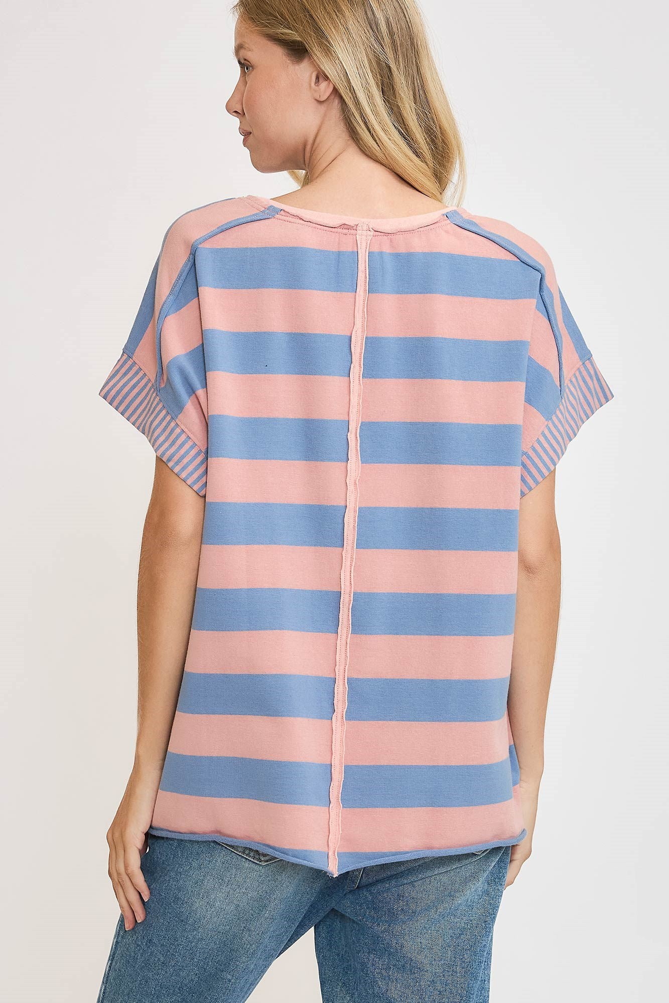 Umgee Washed Dusty Blue & Pink Peace Sign Patch Striped French Terry Top Shirts & Tops