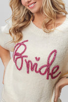 BiBi Ivory Bride Metallic Letter Short Puff Sleeve Hairy Sweater