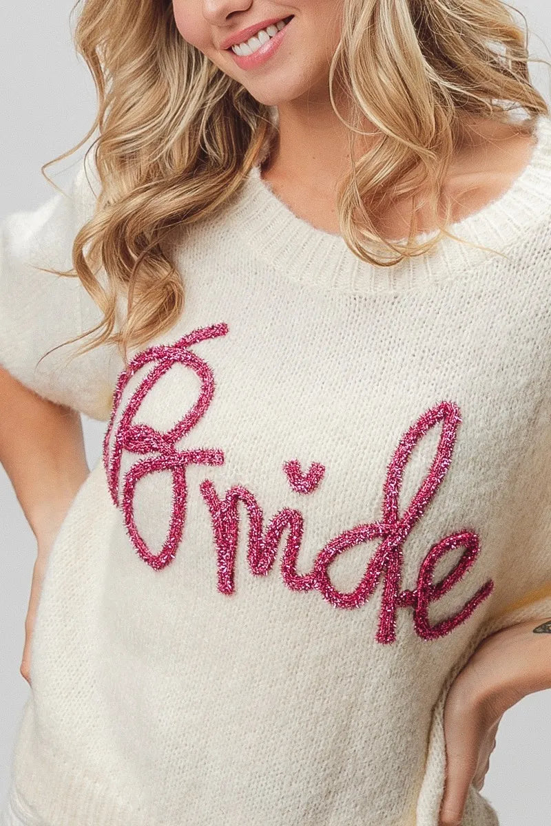 BiBi Ivory Bride Metallic Letter Short Puff Sleeve Hairy Sweater