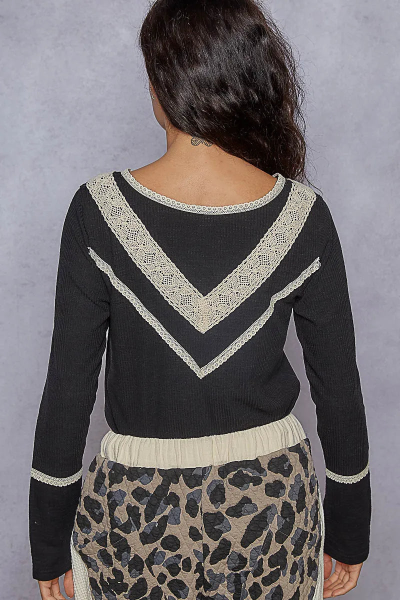 POL Black Ribbed Half Button Lace Detail Knit Top