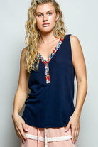 POL Navy Ribbed V-Neck Tank with Contrast Floral Neckband NAVY