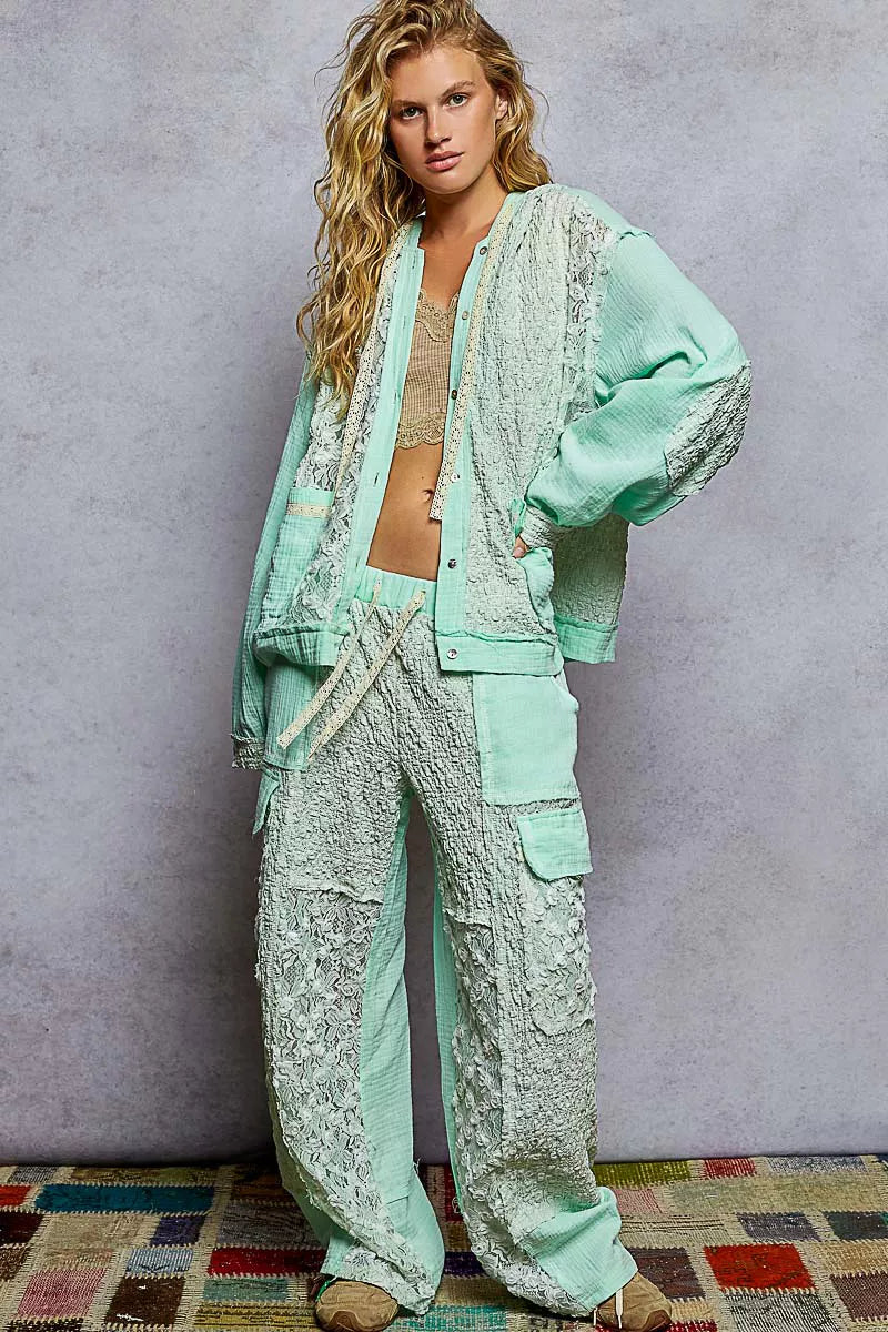 POL Pale Mint Exposed Seam Button Down Hooded Jacket with Lace Detail