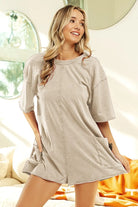 BiBi Oatmeal Short Sleeve Back Open Washed Romper