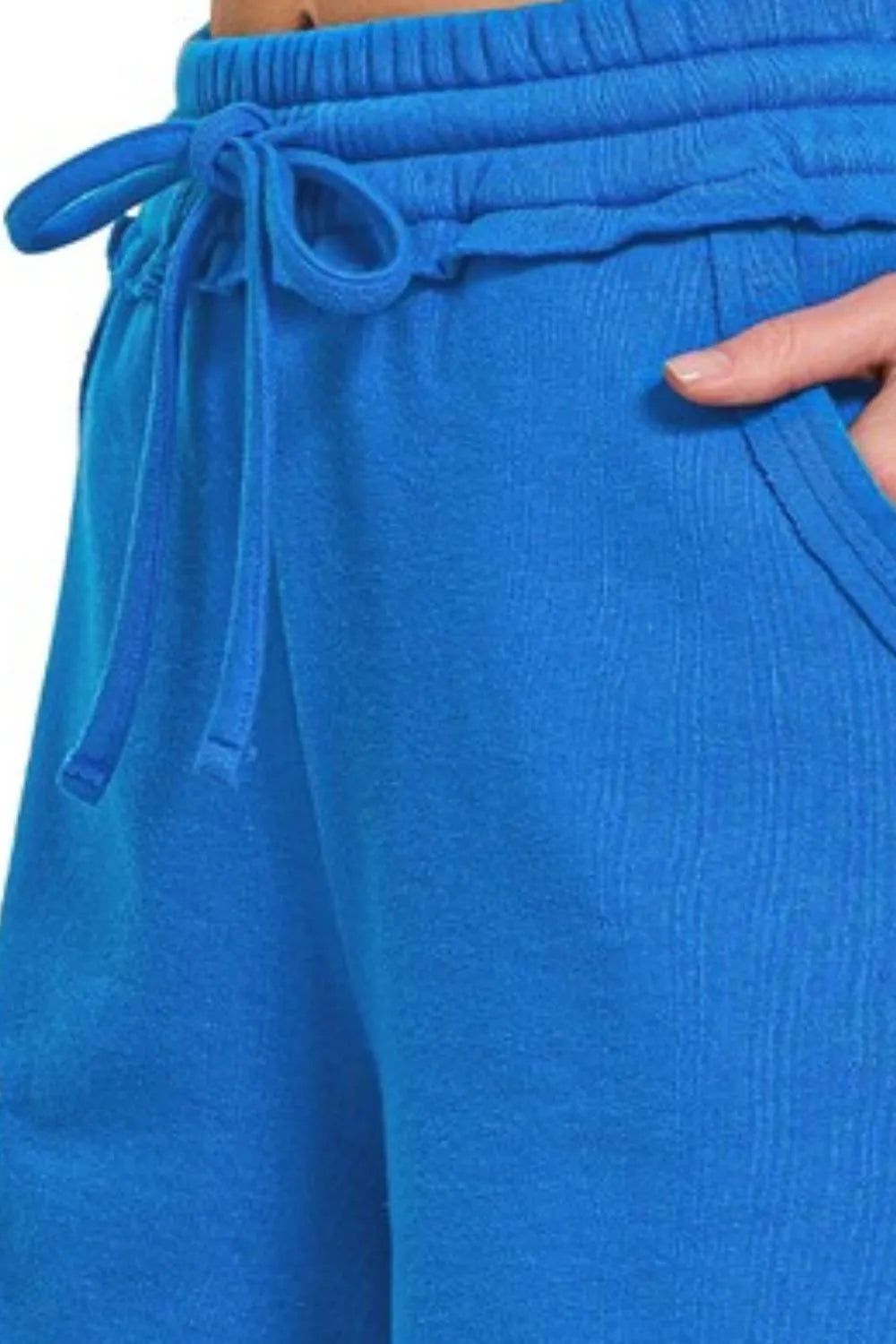 Zenana Ocean Blue Fleece Raw Hem Shorts With Draw String