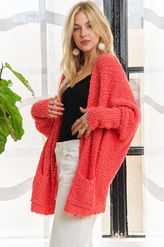 ADORA Coral Popcorn Knit Open Front Long Sleeve Cardigan