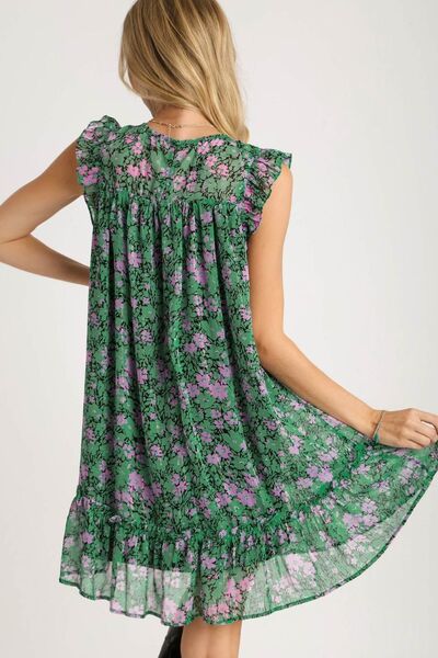 Umgee Dark Green Smocked Detail Floral Metallic Ruffle Cap Sleeve Dress