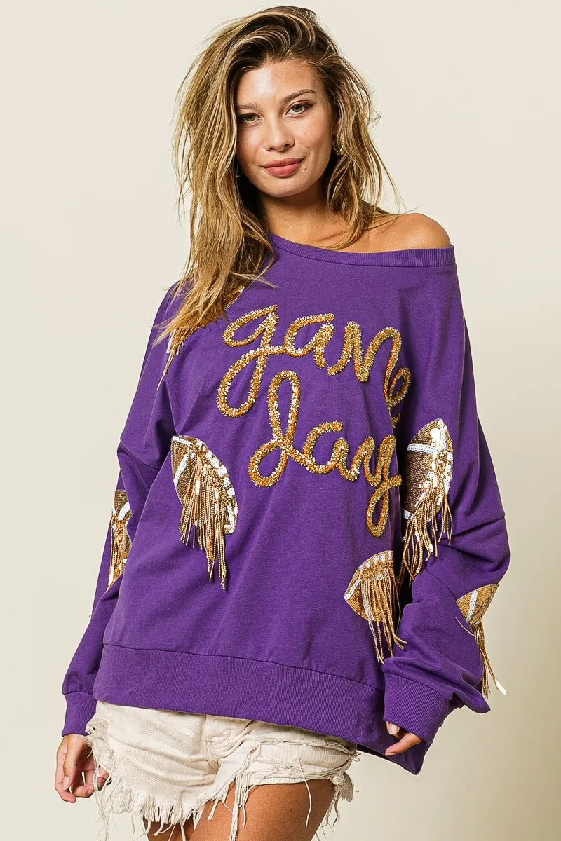 BiBi Purple & Gold Sequin Football Patches Game Day Sweatshirt