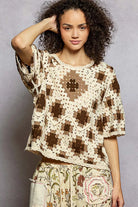 POL Cocoa Round Neck Short Sleeve Color Pattern Crochet Top with Border Accents