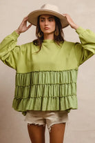 BiBi Light Olive French Terry and Woven Mixed Tiered Top