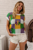 BiBi Sequin Embroidery Mardi Gras Checker Sweater Top