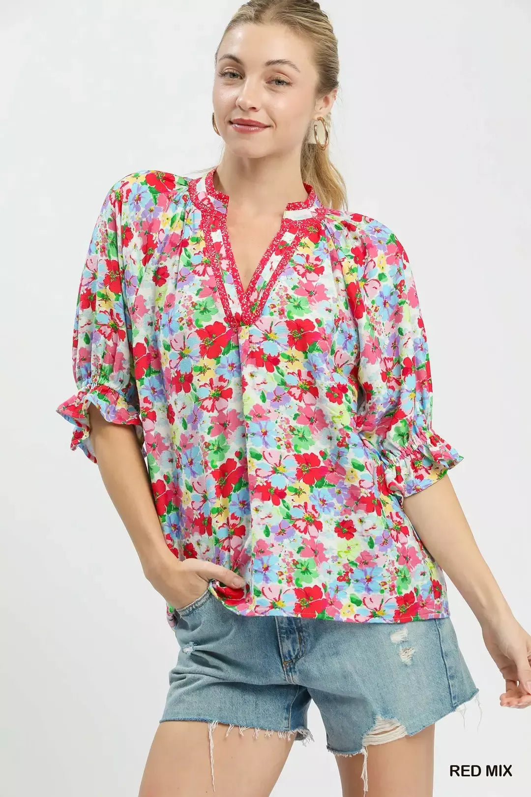 Umgee Red Mix Floral Print Ruffle Top RED MIX