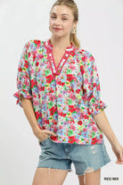 Umgee Red Mix Floral Print Ruffle Top RED MIX