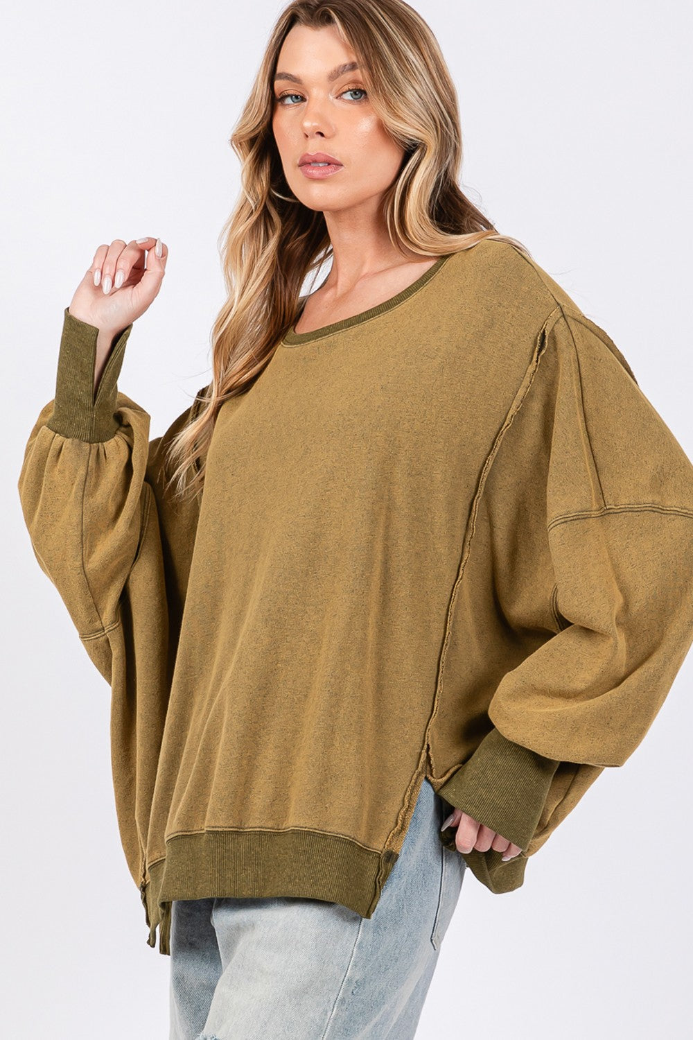 SAGE + FIG Olive Mineral Washed Side Slit Oversized Sweatshirt Trendsi