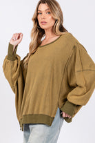 SAGE + FIG Olive Mineral Washed Side Slit Oversized Sweatshirt Shirts & Tops