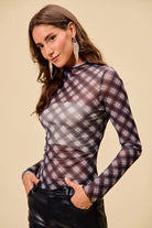 SO ME Plaid Mesh Knit Long Sleeve Top with Thumb Opening