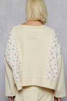 POL Cream Mix Thermal Floral Pattern Quilted Knit Cropped Top with Raw Edge Detail