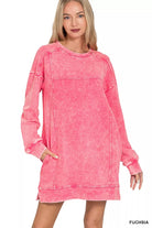 Zenana Fuchsia French Terry Acid Washed Dress with Pockets FUCHSIA