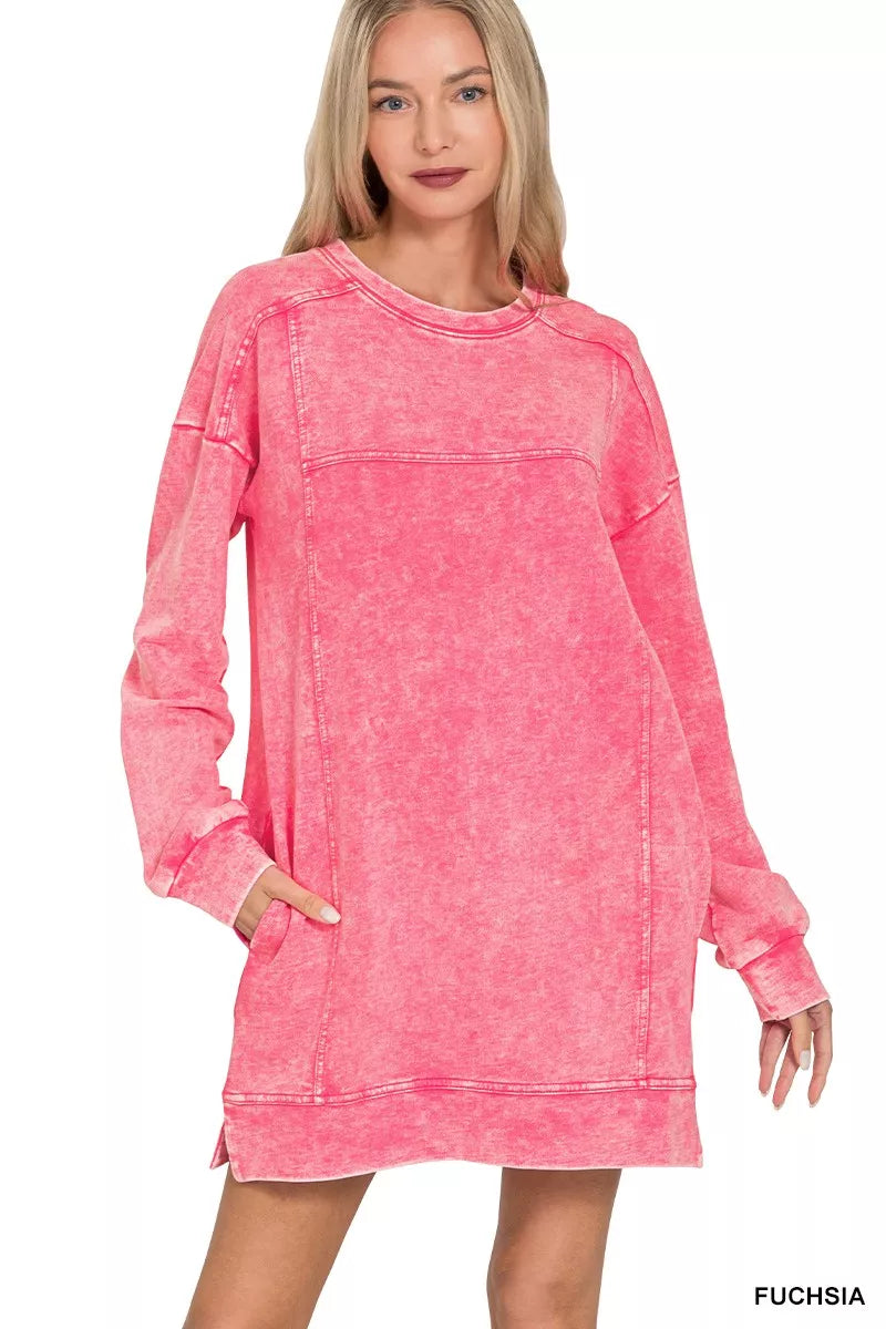 Zenana Fuchsia French Terry Acid Washed Dress with Pockets FUCHSIA