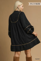 Umgee Black Textured Babydoll Dress with Leopard Trim
